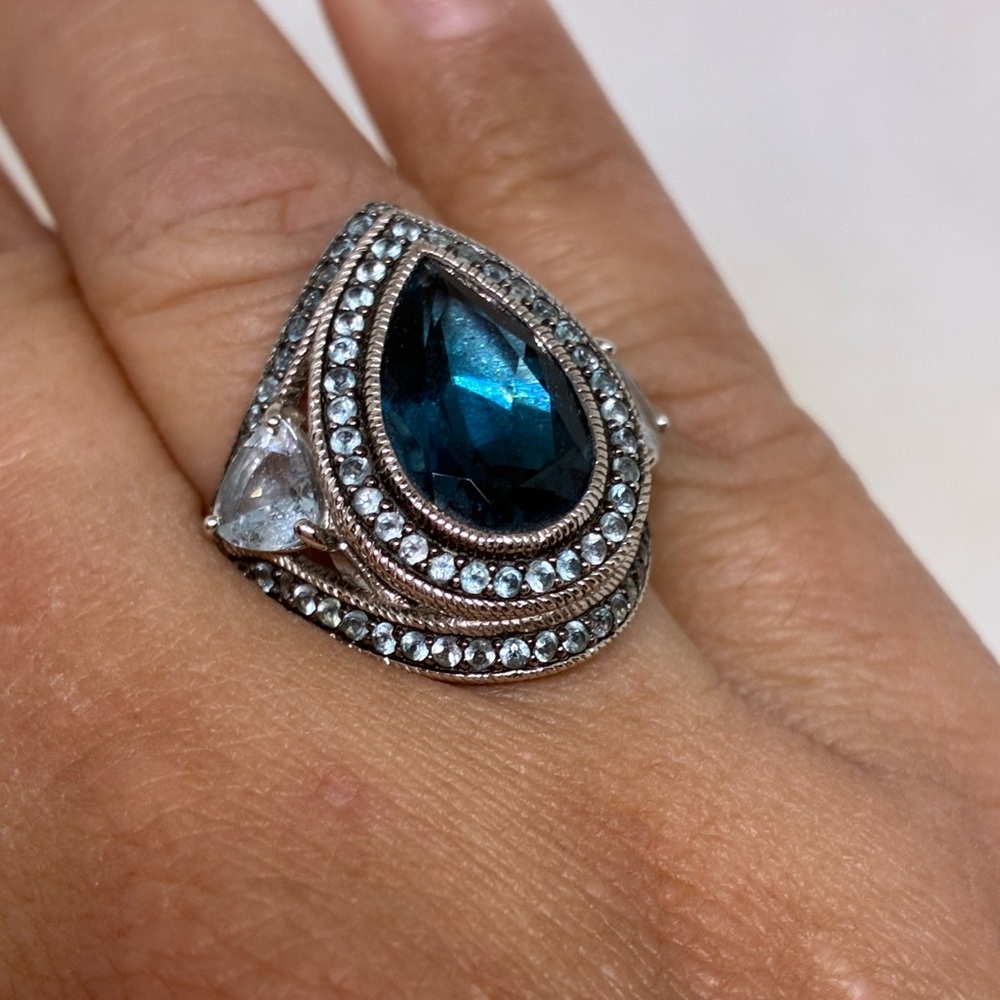Judith Ripka 925 sterling silver faceted blue topaz & aquamarine ring size 8